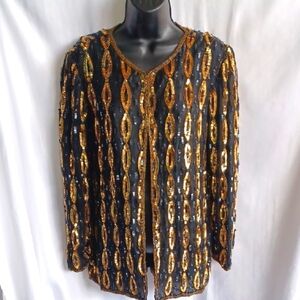 Stenay Black and Gold Sequin & Beaded Silk Jacket, SZ M, 21" PTP, 28" L